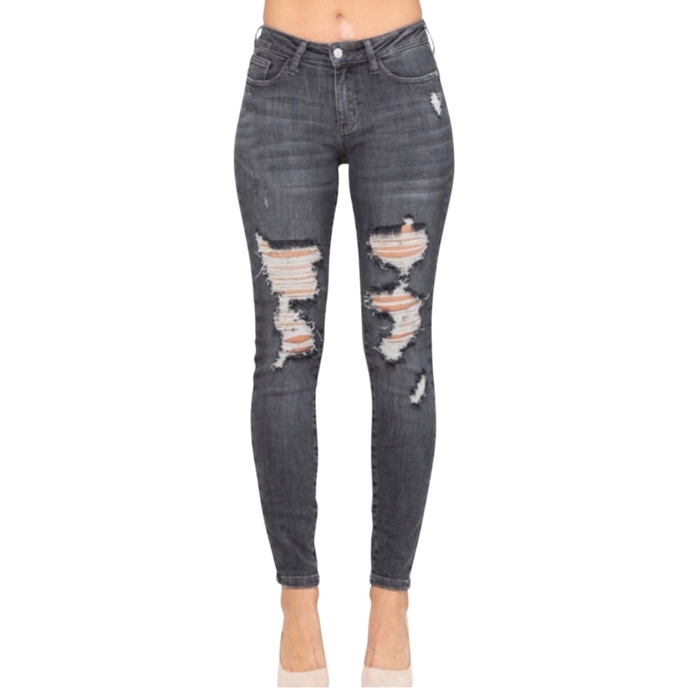 Judy Blue Skinny Fit Jeans Stone Wash Black Mid-Rise Distressed Plus Size 22 W